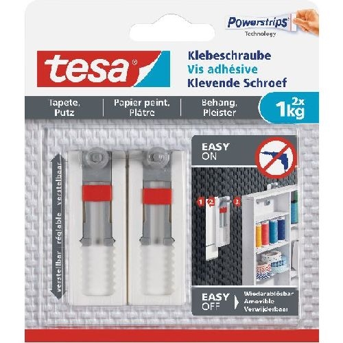 tesa Klebeschraube, 2 St., f. Tapeten+Putz, bis 1kg pro Schr., verstellbar, weiß 11620X