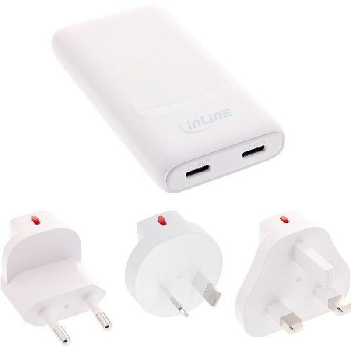 InLine® USB Reise-Netzteil Ladegerät, Dual USB-C, PD, PPS, 65W, flach, weiß 31519C