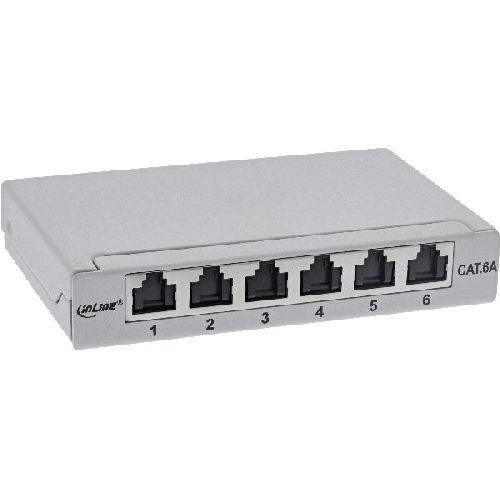 InLine® Patchfeld Cat.6A 0,5HE 6-fach, Tisch/Wand/Hutschiene, grau, Staubschutz 76816A