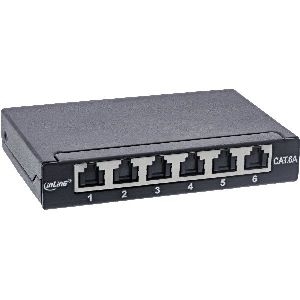InLine® Patchfeld Cat.6A 0,5HE 6-fach, Tisch/Wand/Hutschiene schwarz Staubschutz 76816B