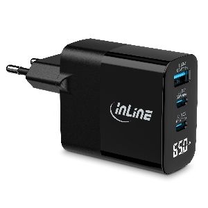 InLine® USB PD Netzteil, GaN Ladegerät, 3-Port, USB-C + USB-A, 65W, mit Display 31552