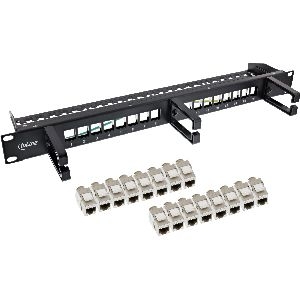 InLine® Patchfeld Cat.6A 16-fach, mit 3 Bügeln, 16 Keystones, 19&quot;, 1HE, schwarz 76822D