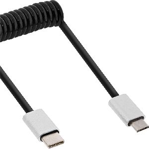 InLine® USB 2.0 Spiralkabel, USB-C ST an Micro-B ST, schwarz/Alu, flexibel, 3m 35863