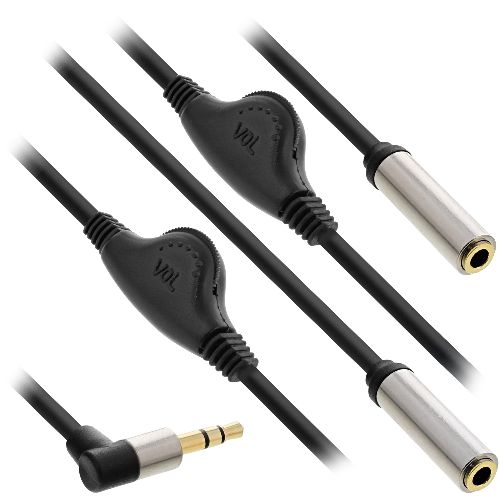 InLine® Slim Audio Y-Kabel Klinke 3,5mm ST an 2x BU, mit Lautstärkeregler, 0,25m 99253A