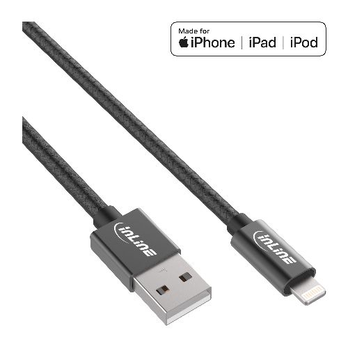 InLine® Lightning USB Kabel, für iPad, iPhone, schwarz/Alu, 1m MFi-zertifiziert 31411B