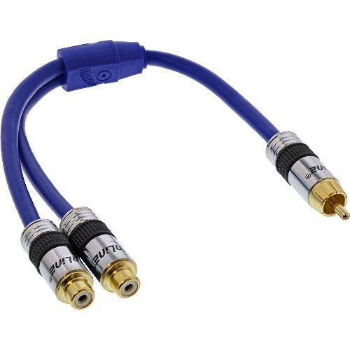 InLine® Cinch-Y-Kabel PREMIUM, 1x Cinch Stecker zu 2x Buchse, blau, 0,25 m 89924P