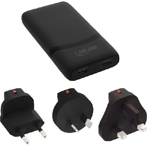 InLine® USB Reise-Netzteil Ladegerät, Dual USB-C, PD, PPS, 65W, flach, schwarz 31519B