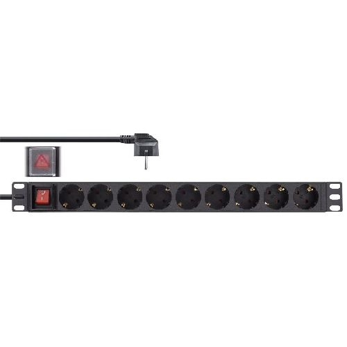 InLine® 19 Steckdosenleiste, 9-fach Schutzkontakt, mit Schalter, 2m, schwarz 16419S
