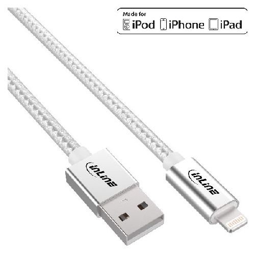 InLine® Lightning USB Kabel, für iPad, iPhone, iPod, silber/Alu, 1m MFi-zert. 31411A