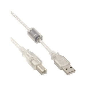 InLine® USB 2.0 Kabel, A an B, transparent, mit Ferritkern, 0,3m 34503