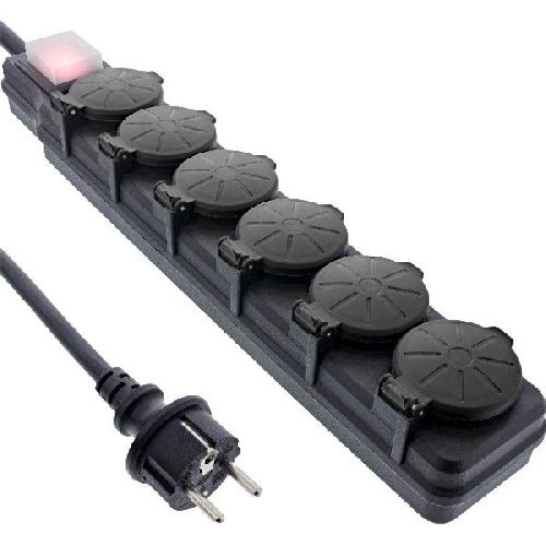 InLine® Outdoor-Steckdosenleiste, 6-fach Schutzkontakt, IP44, mit Schalter, 3m 16496O