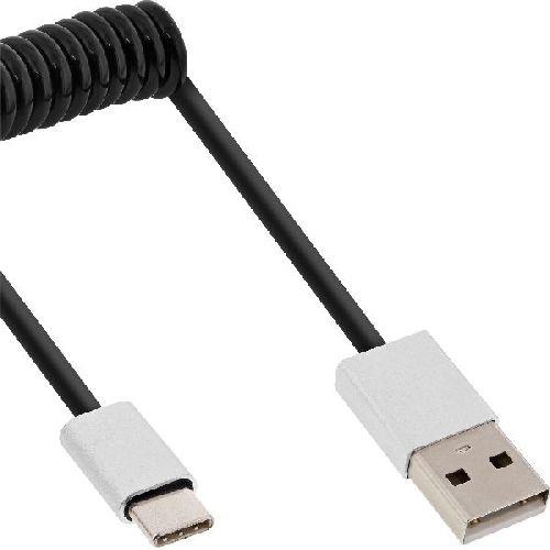 InLine® USB 2.0 Spiralkabel, USB-C ST an A ST, schwarz/Alu, flexibel, 0,5m 35876
