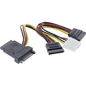 InLine® SATA Stromadapterkabel, SATA ST / BU, an 2x SATA Stecker + 5,25 Stecker 29682