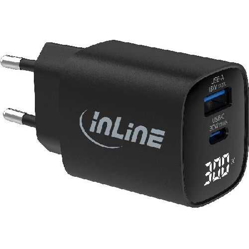 InLine® USB PD Netzteil, GaN Ladegerät, QC, USB-C + USB-A, 30W, mit Display 31550