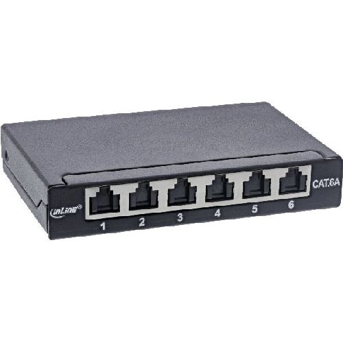 InLine® Patchfeld Cat.6A 0,5HE 6-fach, Tisch/Wand/Hutschiene schwarz Staubschutz 76816B
