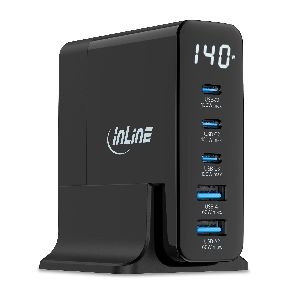 InLine® USB PD Netzteil, GaN Ladegerät, 5-Port, USB-C + USB-A, 140W, mit Display 31553