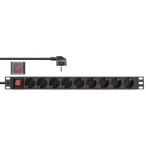 InLine® 19" Steckdosenleiste, 9-fach Schutzkontakt, mit Schalter, 2m, schwarz 16419S