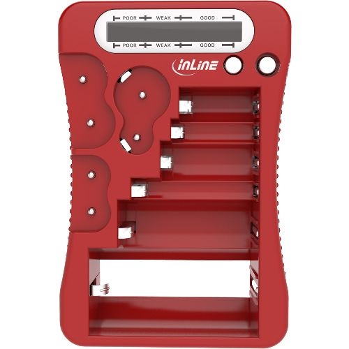 InLine® Batterietester mit LCD-Anzeige, für Rund/Knopfzellen sowie 9V-Block, rot 01285R