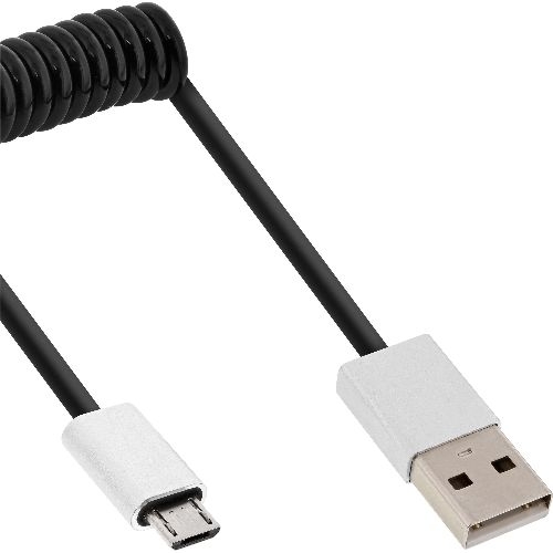 InLine® Micro-USB 2.0 Spiralk., USB-A ST/Micro-B ST, schwarz/Alu, flexibel, 3m 31730R
