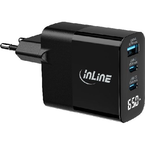 InLine® USB PD Netzteil, GaN Ladegerät, 3-Port, USB-C + USB-A, 65W, mit Display 31552