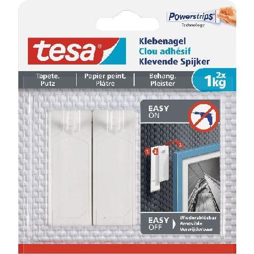 tesa Klebenagel, 2 Stück, für Tapeten und Putz, bis zu 1kg pro Nagel, weiß 11620Q