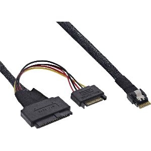 InLine® Slim SAS Kabel, SFF-8654 4i zu U.2 SFF-8639 + SATA Strom, 24Gb/s, 0,5m 27644A