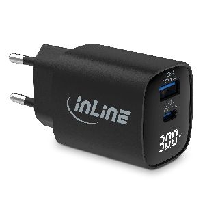 InLine® USB PD Netzteil, GaN Ladegerät, 2-Port, USB-C + USB-A, 30W, mit Display 31550